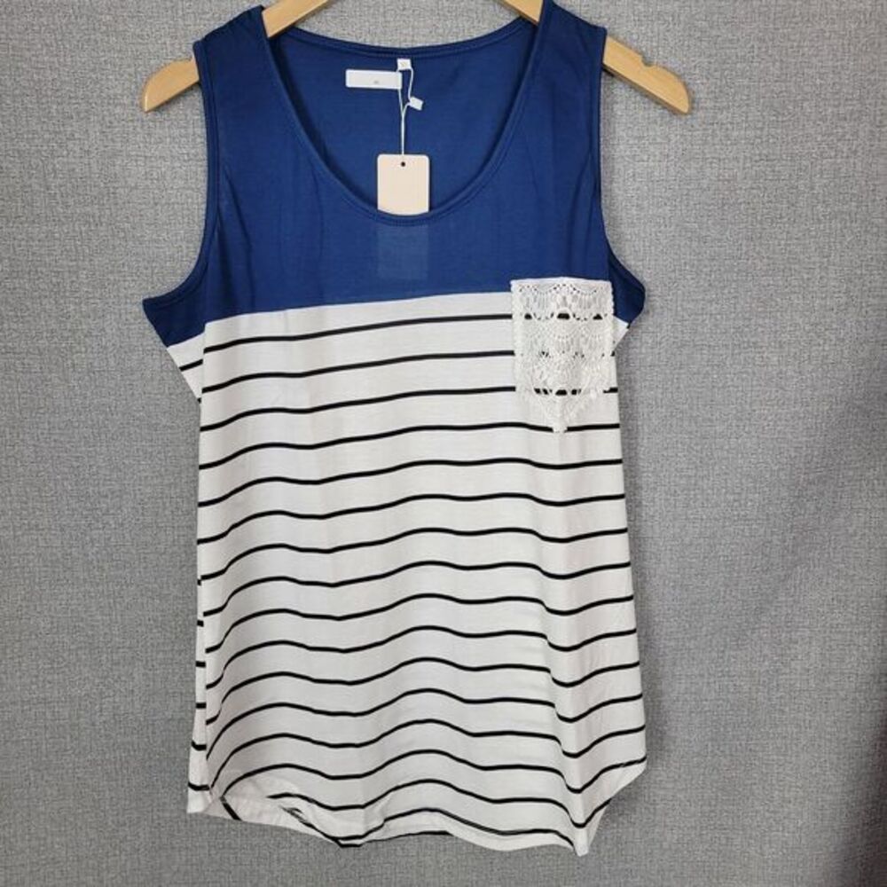 Chvity Shirt Womens Extra Large XL Sleeveless Tanktop‎ Striped Lace Pocket